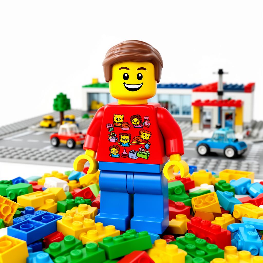 A smiling Lego minifigure in a red shirt and blue pants standing on a pile of colorful bricks with a Lego city behind